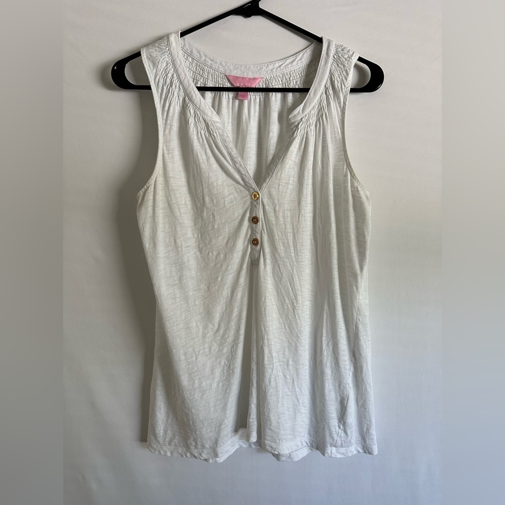 Lilly Pulitzer Essie Tunic Tank Top White Smocked Cotton Slub Sleeveless Medium
